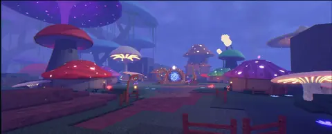 Glowing mushrooms and buildings in Mushroom Village